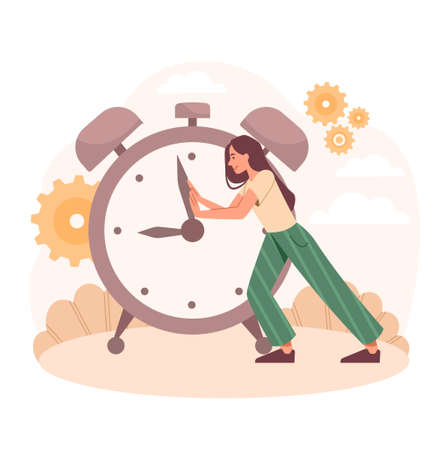 Time management concept. Young woman pushes clock back. Metaphor for increasing deadline. Female character uses time effectively. Busy employee works many hours. Cartoon flat vector illustrationのイラスト素材