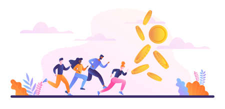 Greedy people chasing for big money concept. Men and women compete to increase profits. Characters run for wealth and luxury. Money Race or jackpot. Cartoon contemporary flat vector illustrationのイラスト素材