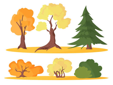 Set of trees and bushes. Colorful stickers with various plants with yellow, green and orange leaves. Design elements for ui and mobile game. Cartoon flat vector collection isolated on white backgroundのイラスト素材