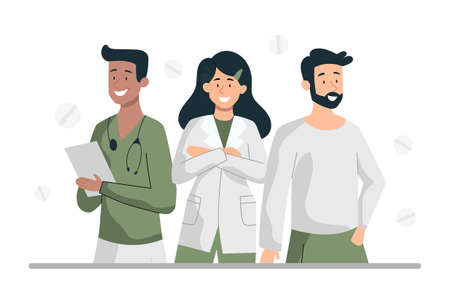 Medical Group concept. Team of doctors in white uniforms. Therapists diagnose and treat patients. Professional surgeons or practitioners with stethoscope. Cartoon modern flat vector illustrationのイラスト素材