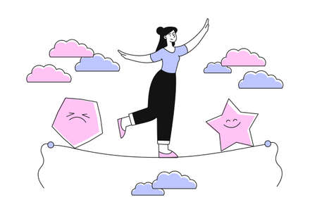 Emotional balance and harmony. Woman walks on thin rope to positive feeling. Metaphor for getting rid of negativity and improving mental state. Happy female character. Cartoon flat vector illustrationのイラスト素材