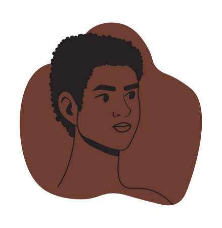Portrait of african man. Male character with dark hair and eyes on brown background. Design for social networks. Avatar for personal account. Diversity of people. Cartoon flat vector illustrationのイラスト素材