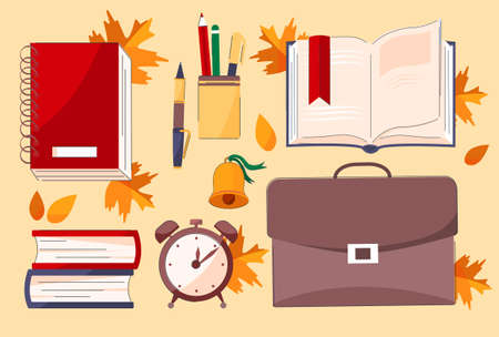 Set of school supplies. Colorful stickers with backpack, diary, books, notepad, alarm clock, bell and pens. Back to school. Cartoon modern flat vector collection isolated on orange backgroundのイラスト素材