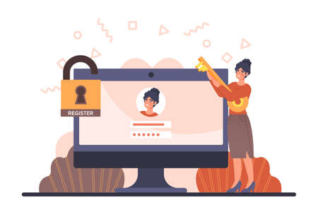 Woman register online concept. Female character authenticates in social network with password or key. Girl stands next to computer monitor and opens lock. Cartoon modern flat vector illustrationのイラスト素材