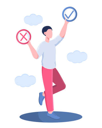 Right or wrong. Man trying to make decision. Person chooses one of two paths. Assessment of your life, development. Thoughtful businessman, correct or incorrect. Cartoon flat vector illustrationのイラスト素材