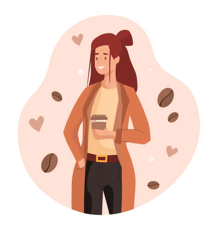 Concept of aromatic morning. Girl stands with coffee in her hands. Working day, energy, delicious drinks. Mug of espresso or americano, caffeine drink, woman. Cartoon flat vector illustrationのイラスト素材