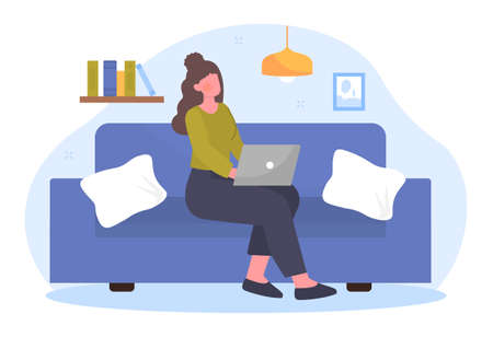 Work at home. Freelancer, girl sitting on couch with laptop on her lap. Programmer, designer, remote employee. Modern technologies, free daily routine, cozy. Cartoon flat vector illustrationのイラスト素材