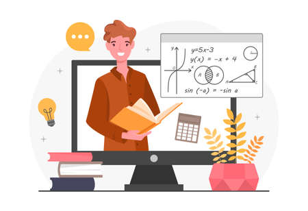 Concept of online class. Man with book in his hands looks and smiles from screen. Person ready for training on internet. Modern technologies, workshop, online courses. Cartoon flat vector illustrationのイラスト素材