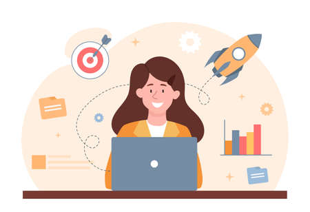 Concept of startup. Character works at laptop. Modern technologies, telecommuting,. Businesswomen developing project. Entrepreneur, investor, smilling person. Cartoon flat vector illustrationのイラスト素材