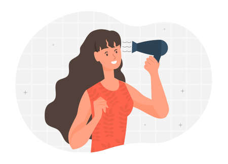 Girl with hairdryer. Taking care of her hair, woman dries. Beauty care, bathroom. Character smiles, at home, inside, in apartment, indoor. Device, technology. Cartoon flat vector illustrationのイラスト素材