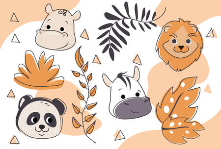 Animal orange pattern. Graphic elements for printing on Tshirt. Panda, lion cub, hippo and zebra on background of autumn leaves. Zoo sign, childrens pictures. Cartoon flat vector illustrationのイラスト素材