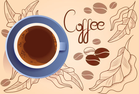 Cup of coffee. Cheerfulness, morning drink. Breakfast, break, delicious, hot. Graphic elements for coffee shop. Cafe restaurant kitchen. Comfort cozy home. Cartoon flat vector illustrationのイラスト素材