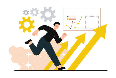 Business development concept. Man runs forward against background of rising arrows. Charts, analytical department, profit increase, success, motivation, entrepreneur. Cartoon flat vector illustrationのイラスト素材