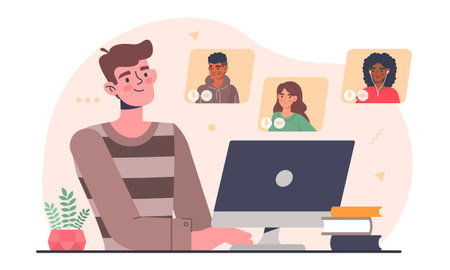 Friends talking on video call. Boy conducts conference, social networks, communication on Internet, and modern technologies. Character sitting at computer, monitor. Cartoon flat vector illustrationのイラスト素材