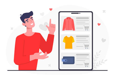 Man with wishes list. Buyer chooses clothes, digital technologies, ecommerce. Character looks at cards of online store, basket. Tablet display, screen, smartphone. Cartoon flat vector illustrationのイラスト素材