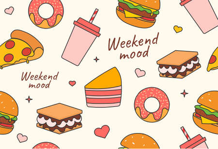 Weekend mood seamless pattern. Repeating pattern for printing on bed linen. Graphic elements for children. Fast food, donut, pie, pizza, sweet sandwich, soda. Cartoon flat vector illustrationのイラスト素材