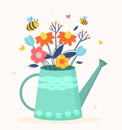 Spring flowers concept. Bee flies over plants that in watering can. Spring, nature, flora, foliage, greenery. Pictures for kids, poster for printing on clothes. Cartoon flat vector illustrationのイラスト素材