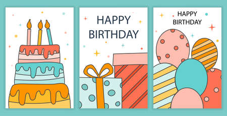 Set of birthday. Collection of gift postcards. Bright pictures, cake, balloons, congratulations, holiday. Greeting or invitation cards. Cartoon flat vector illustrations isolated on blue backgroundのイラスト素材