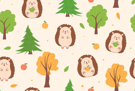 Pattern with hedgehogs. Nature, wildlife, animals. Indulging pictures for printing on fabric. Stickers for childrens. Mammals, cute characters, wrapping, textile. Cartoon flat vector illustrationのイラスト素材