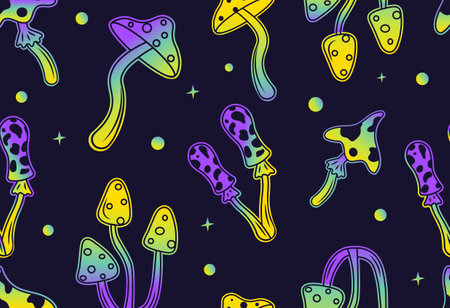 Seamless pattern with mushrooms. Pictures for hippies, repeating elements for printing on fabric. Stickers, badges, gradient, glowing stickers. Nature, flora, bright. Cartoon flat vector illustrationのイラスト素材