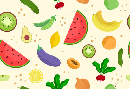 Seamless fruit pattern. Summer, tropics, vitamins. Repeating pattern for printing on fabric. Graphic elements for website. Watermelon, avocado, peach, kiwi, banana. Cartoon flat vector illustrationのイラスト素材