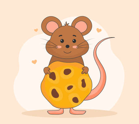 Mouse with cheese. Pictures for printing on childrens clothing. Design, concept. Cute characters, milky food, animal with prey. Playful person, invitation card. Cartoon flat vector illustrationのイラスト素材