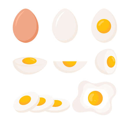 Set of egg. Delicious breakfast, scrambled eggs, graphic elements for grocery store. Collection of fresh and natural food, protein. Cartoon flat vector illustrations isolated on white backgroundのイラスト素材