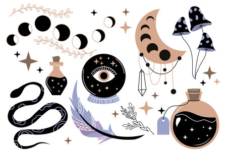 Set of mystical. Esoterics magic items witchcraft. Boho witch eye moon. Space, galaxy, energy, snake. Protection from dark forces. Cartoon flat vector illustrations isolated on white backgroundのイラスト素材
