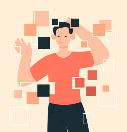 Memory loss concept. Character collects cubes. Metaphor of head problems, cognitive abilities. Psychotherapy, rehabilitation. Dementia, depression, brain damage. Cartoon flat vector illustrationのイラスト素材