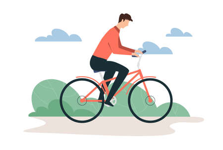 Man riding bicycle. Active lifestyle, outdoor recreation, sports, cardio workouts, walks in park. Environmentally friendly transport, green, fresh air, training. Cartoon flat vector illustrationのイラスト素材