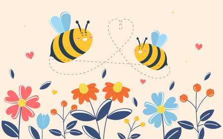 Background with bee. Summer insects pollinate flowers. Graphic elements for printing on fabric. Honey, nature, flora and fauna, wildlife. Greeting or invitation card. Cartoon flat vector illustrationのイラスト素材