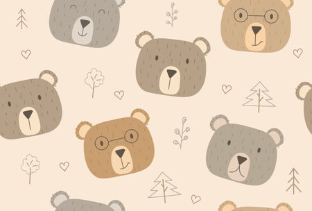 Bears seamless pattern. Pictures for printing on childrens clothing. Room decoration. Graphic elements for site. Cute characters, collection of beautiful animals. Cartoon flat vector illustrationのイラスト素材