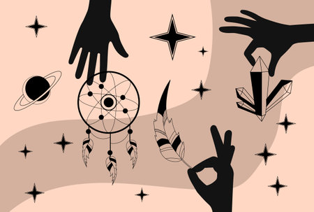 Set of alchemy. Black hands take ingredients. Protection from dark forces, potions, witchcraft, witch. Esoteric, unusual energy, boho pictures, minimalistic patterns. Cartoon flat vector illustrationのイラスト素材