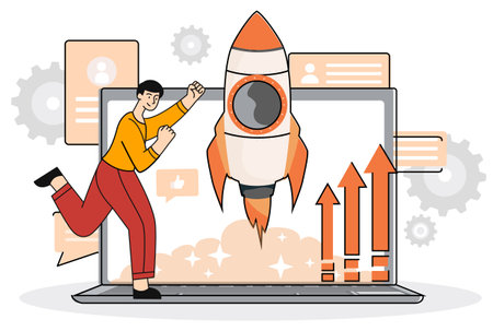 Strat up development. Man runs and launches rocket. Metaphor of innovation. Entrepreneur, businessman, development, income growth. Graphs, charts, statistics. Cartoon flat vector illustrationのイラスト素材