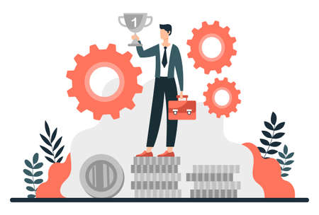 Concept of successful person. Man standing on top step of pedestal, character holding cup in his hands. Best employee of month, entrepreneur, leader, motivation. Cartoon flat vector illustrationのイラスト素材