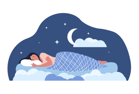 Sweet dreams concept. Girl lies in bed and sleeps. Recuperation, night, rest. Character in pile of comfortable apartment. Bedtime, healthy lifestyle, pijama. Cartoon flat vector illustrationのイラスト素材