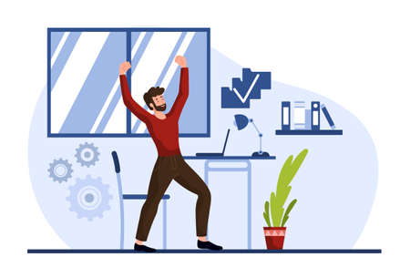 Man on workplace. Employee celebrates success, advancement in project. Character happy with situation in office. Company development, leadership, winner, achievement. Cartoon flat vector illustrationのイラスト素材