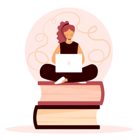 Young woman with laptop. Character sitting on stack of books. Information retrieval metaphor, question study, investigation research. Technical support, hot line. Cartoon flat vector illustrationのイラスト素材