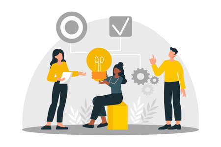 Business idea concept. Man and girls discussing work issues. Data analysis, brainstorming, finding optimal mode, information, communication, interaction, light bulb. Cartoon flat vector illustrationのイラスト素材