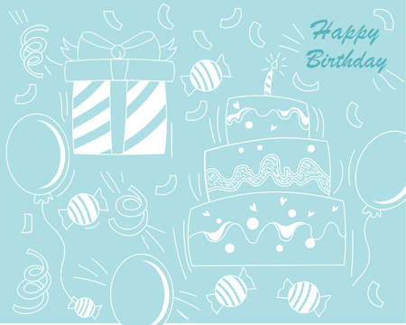 Happy Birthday background. Colorful poster with contours of gift, balloons, cake, confetti and sweets. Minimalistic design element for greeting card or cover. Cartoon flat vector illustrationのイラスト素材