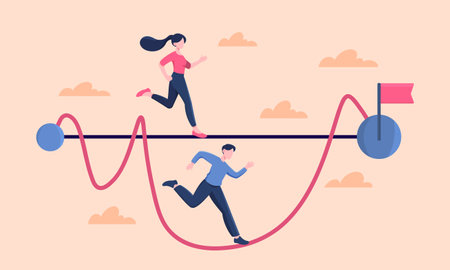 Easy or shotcut way. Man runs in curved line, while girl runs in straight line. Road to success,...