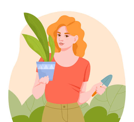 Woman growing plant. Character cares about environment, eco activist. Garden, private plot, flowers. Girl stands with sprout in her hands. Nature, green, foliage. Cartoon flat vector illustrationのイラスト素材