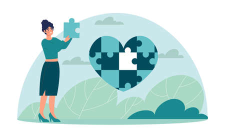 Mental recovery concept. Girl holds puzzles in her hands, collecting heart. Psychotherapy, helping people. Upset, depression, sadness, worries. Care of yourself. Cartoon flat vector illustrationのイラスト素材