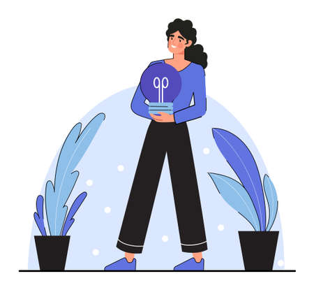 Young smilling woman. Girl standing with light bulb in her hands. Metaphor of creativity. Employee has idea. Unusual solution, innovation, cunning, decision. Cartoon flat vector illustrationのイラスト素材