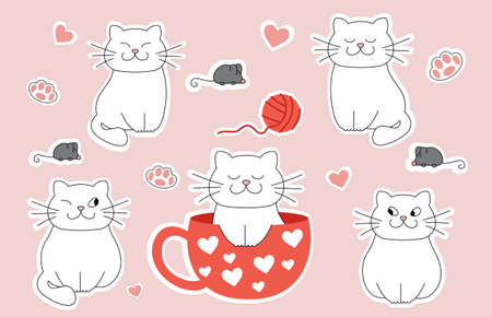 Funny cats pattern. Pictures for printing on childrens clothing. Adorable characters on pink background. Animals, pets, mammals. Fairytale characters, cute stickers. Cartoon flat vector illustrationのイラスト素材