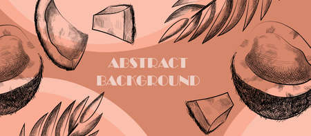 Abstract organic banner. Colorful horizontal poster with palm leaves, coconut, geometric shapes and inscription. Design element for websites and applications. Cartoon flat vector illustrationのイラスト素材