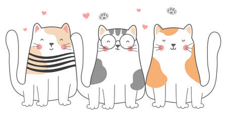 Cute cats collection. Set of minimalistic images with animals. Stickers and badges for children. Doodle, line art, outline, nature. Cartoon flat vector illustrations isolated on white backgroundのイラスト素材