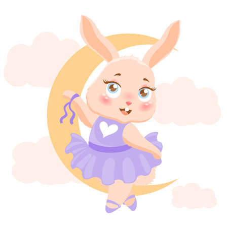 Cute baby bunny. Rabbit sitting for month. Moon, baby pictures, sweet dreams. Cute posters or banners for girls. Nature, cloudy sky, romance, love, heart, dress. Cartoon flat vector illustrationのイラスト素材