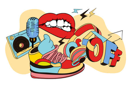 Concept of podcast. Retro style posters and banners, vintage, 70s, 80s, 90s. Recording and listening, broadcasting, online radio. Mouth microphone text symbol. Cartoon flat vector illustrationのイラスト素材