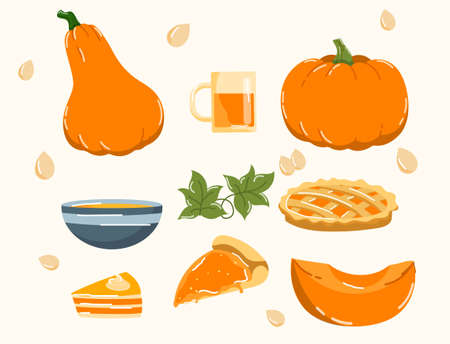 Set of pumpkin dishes. Halloween, harvest, collection of vegetables. Juice, slice, pie, food. Pattern for printing on fabric, vitamin. Cartoon flat vector illustrations isolated on white backgroundのイラスト素材